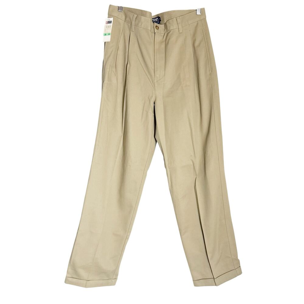 Chaps Ralph Lauren Khaki Tan Pleated Relaxed Fit Wrinkle Free Pants Men’s 34x32